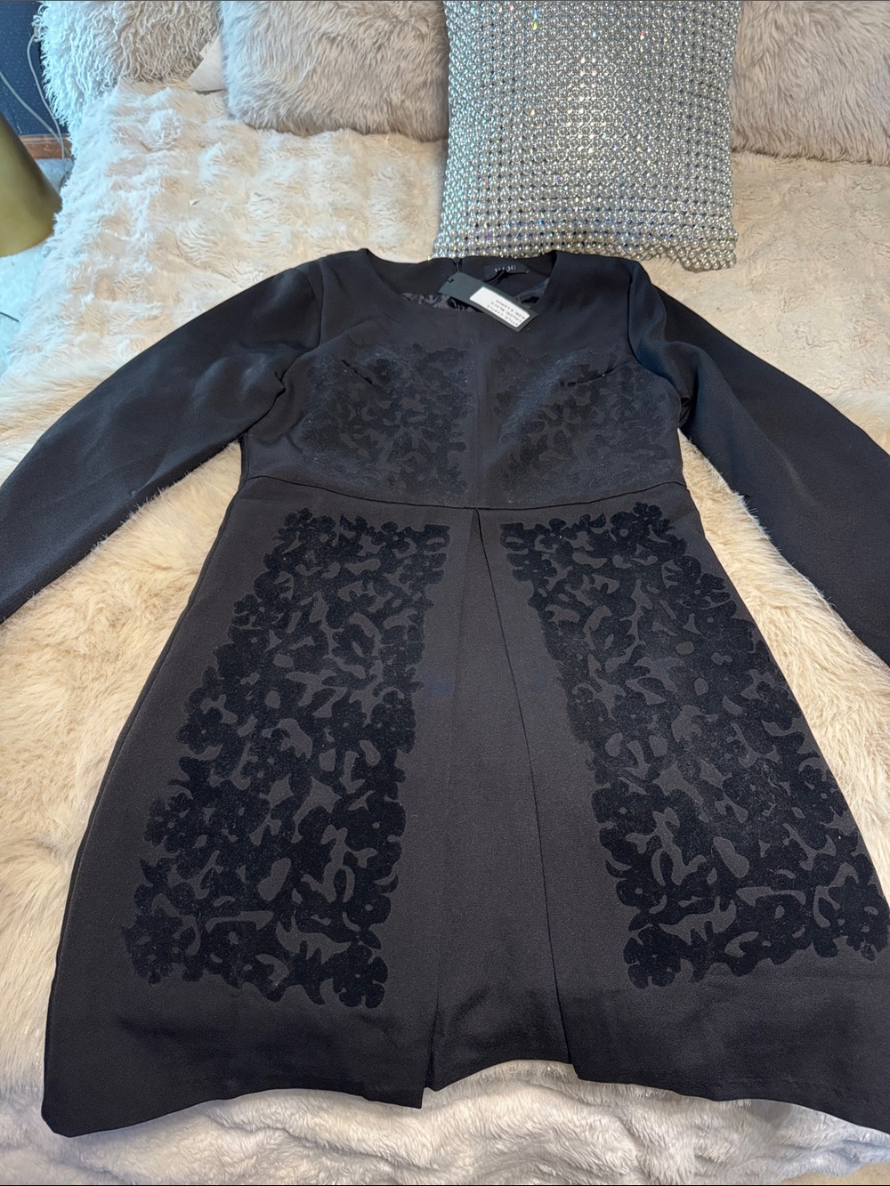 DesignerBlack Long-Sleeve A-Line Dress with Velvet Appliqué - Brand Unspecified